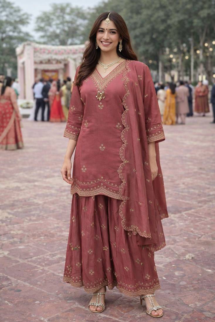 Maroon color beautiful and ethnic roman silk fabric designer embroidered suit