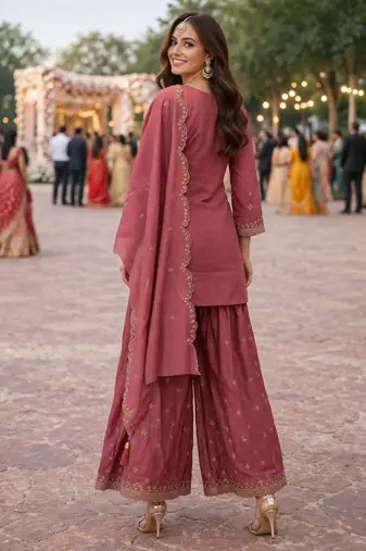 Maroon color beautiful and roman silk embroidered suit