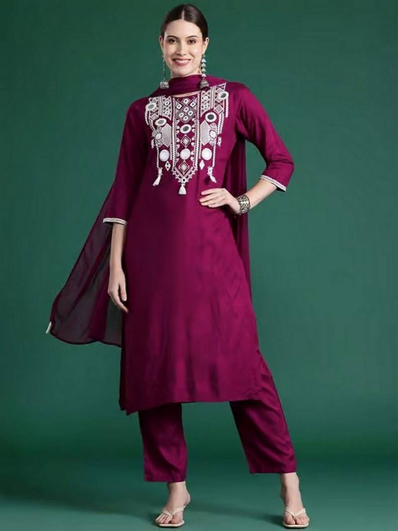 Cherry color smart and trendy viscose chanderi color casual kurta set