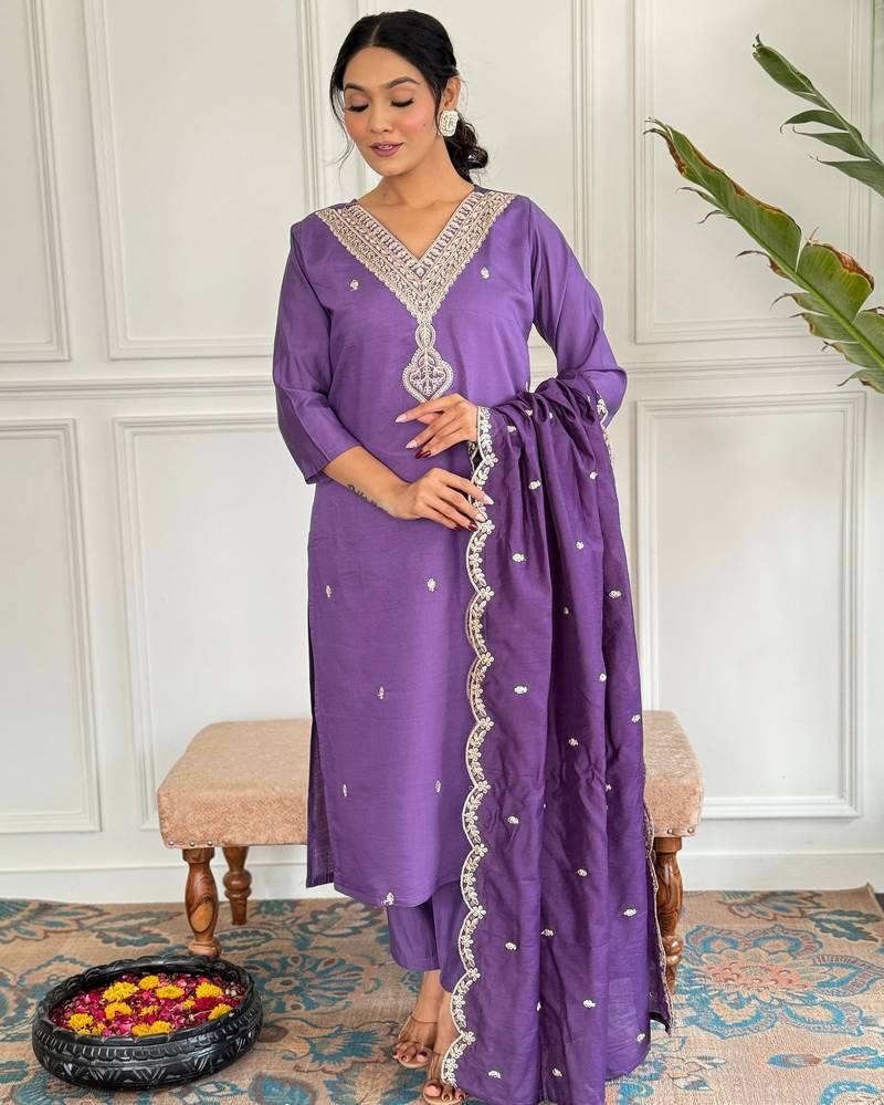 Lavender color smart and trendy viscose chanderi color casual kurta set