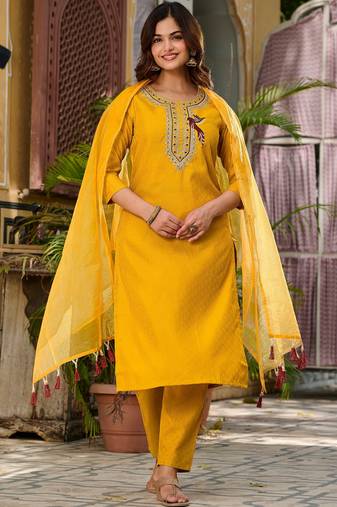 Yellow color smart and trendy viscose rayon color casual kurta set