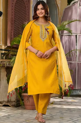 Yellow color smart and trendy viscose rayon color casual kurta set