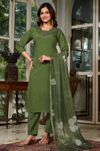 Green color smart and trendy viscose chanderi color casual kurta set