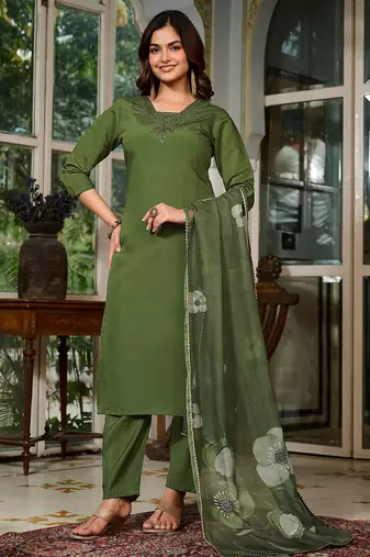 Green color smart and trendy viscose chanderi color casual kurta set