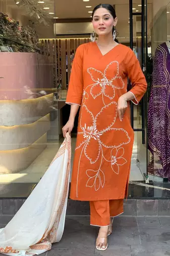 Orange color smart and trendy viscose chanderi color casual kurta set