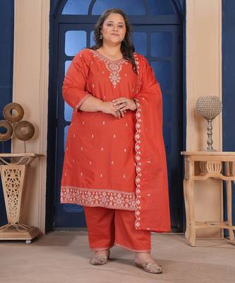 Rust color smart embroidered plus size kurta set for smart looks 1