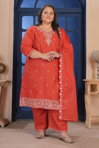 Rust color smart embroidered plus size kurta set for smart girlie looks