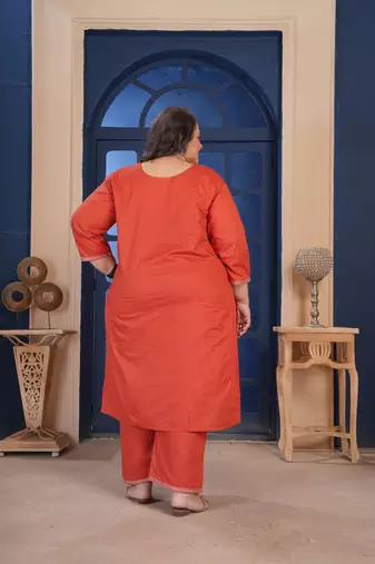 Rust color smart embroidered plus size kurta set for smart looks
