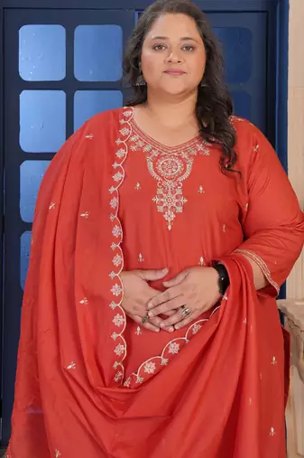 Rust color smart embroidered plus size kurta set for smart looks