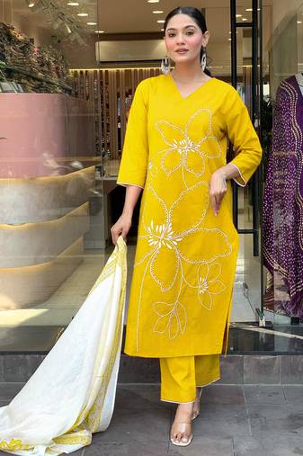 Yellow color smart and trendy viscose chanderi color casual kurta set