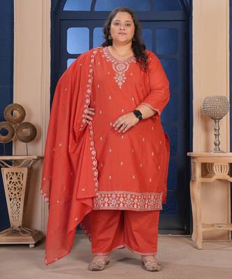 Rust color smart embroidered plus size kurta set for smart looks 4