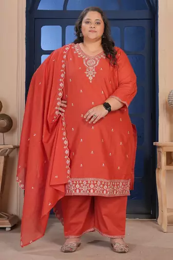 Rust color smart embroidered plus size kurta set for smart looks