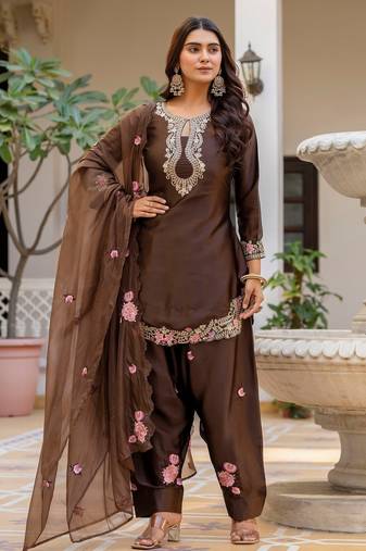 Brown color japan satin fabric designer embroidery work ethnic ceremonial suit