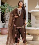 Brown color japan satin fabric designer embroidery work ethnic ceremonial suit