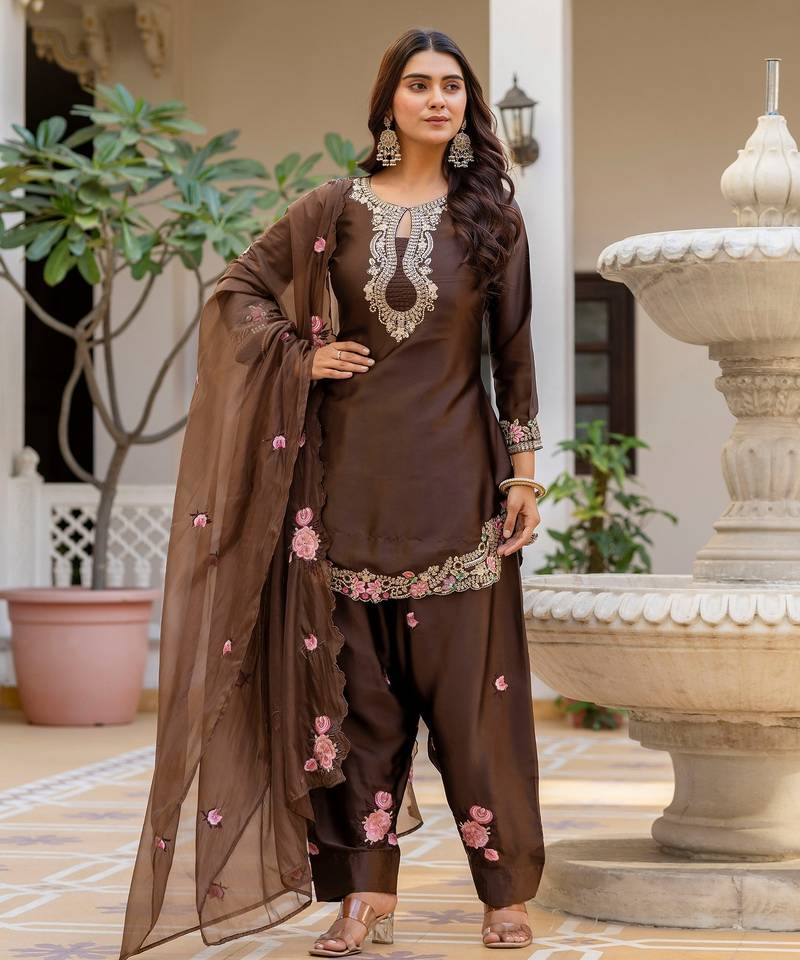 Brown color japan satin fabric designer embroidery work ethnic ceremonial suit
