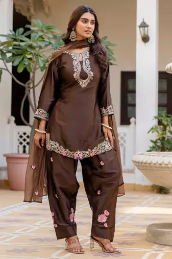 Brown color japan satin embroidery ceremonial suit