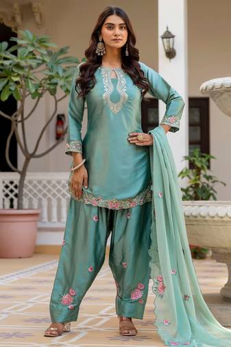 Sea green color japan satin fabric designer embroidery work ethnic ceremonial suit