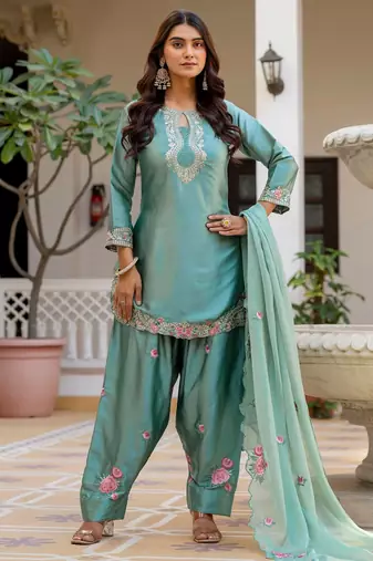 Sea green color japan satin fabric designer embroidery work ethnic ceremonial suit