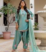 Sea green color japan satin fabric designer embroidery work ethnic ceremonial suit