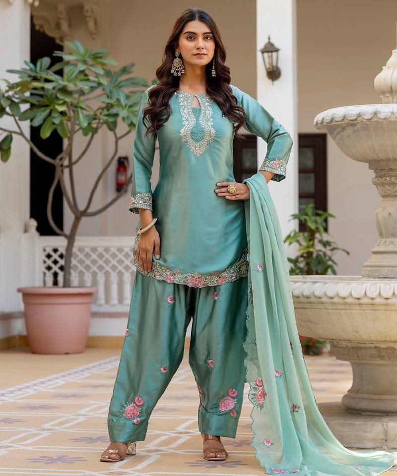Sea green color japan satin fabric designer embroidery work ethnic ceremonial suit