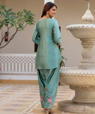 Sea green color japan satin embroidery ceremonial suit 2