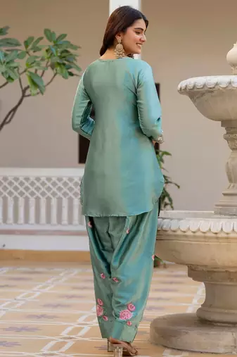 Sea green color japan satin embroidery ceremonial suit