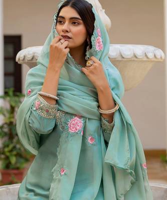 Sea green color japan satin embroidery ceremonial suit 3