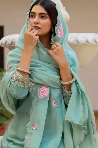Sea green color japan satin embroidery ceremonial suit