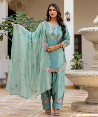 Sea green color japan satin embroidery ceremonial suit 4
