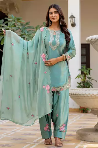 Sea green color japan satin embroidery ceremonial suit