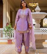 Purple color japan satin fabric designer embroidery work ethnic ceremonial suit