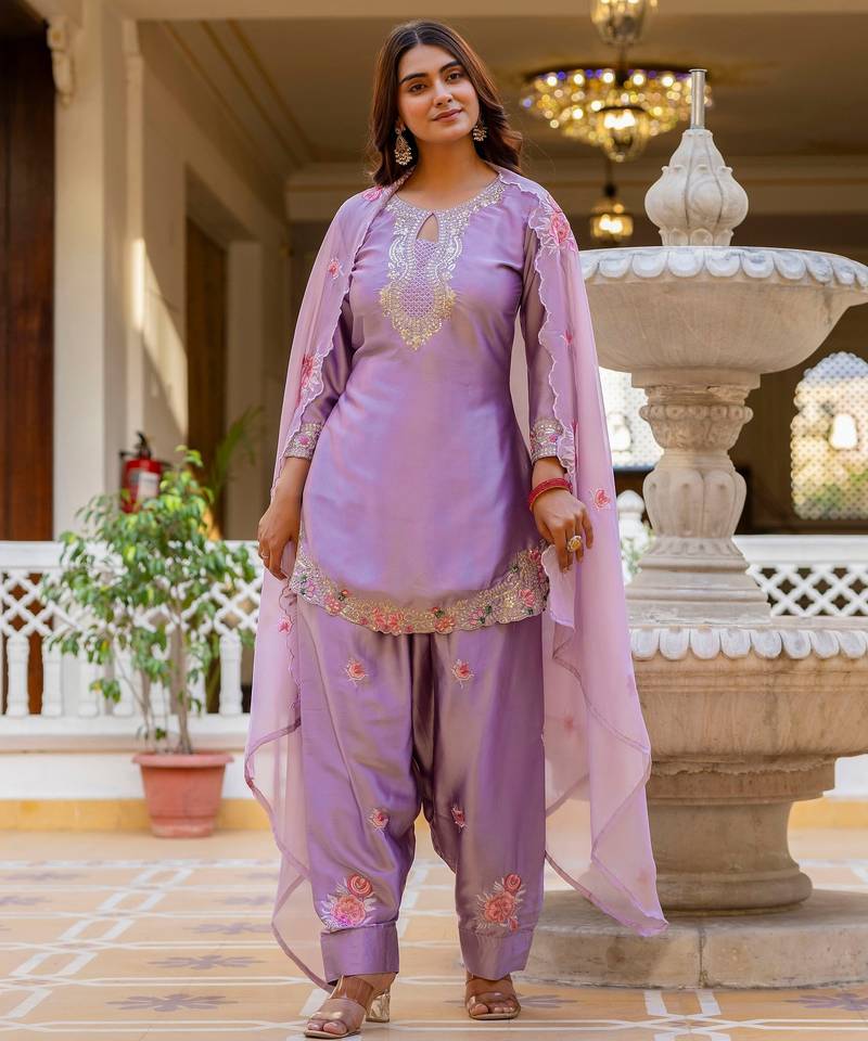 Purple color japan satin fabric designer embroidery work ethnic ceremonial suit