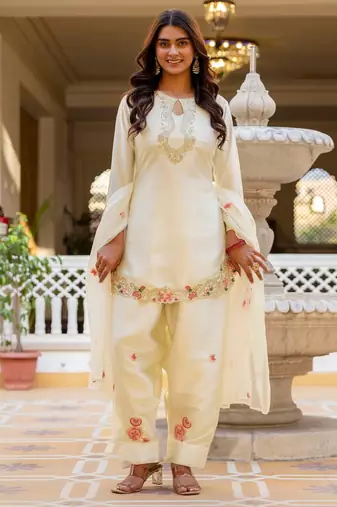 White color japan satin fabric designer embroidery work ethnic ceremonial suit