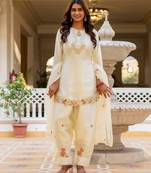 White color japan satin fabric designer embroidery work ethnic ceremonial suit