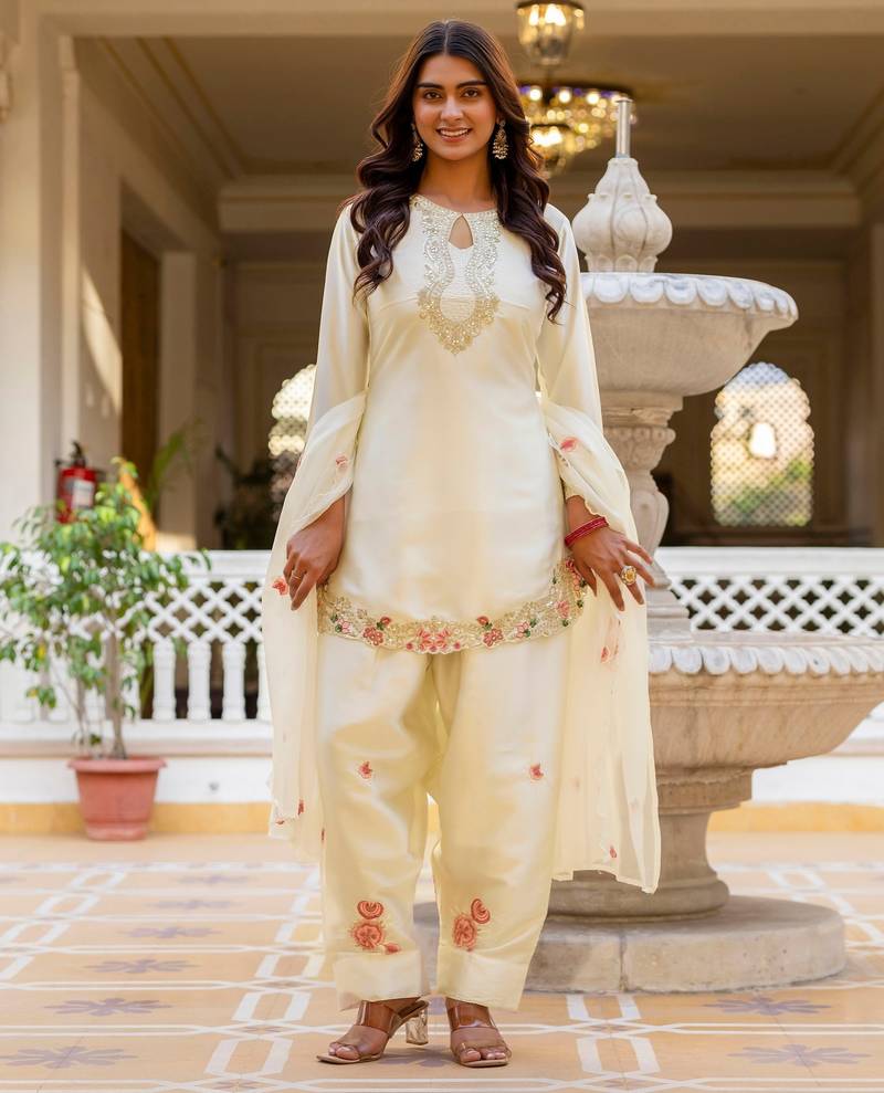 White color japan satin fabric designer embroidery work ethnic ceremonial suit