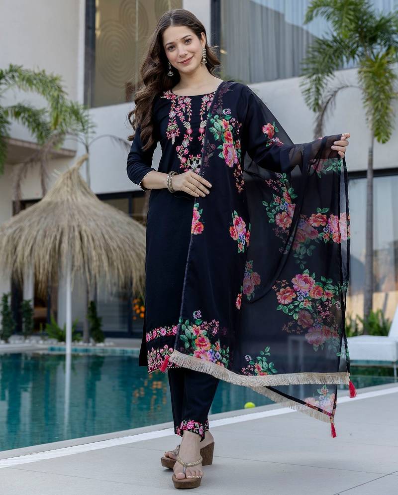 Blue color d chinon fabric designer embroidery work ethnic ceremonial suit