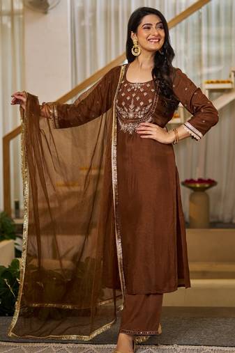 Coffee color vichitra silk fabric designer embroidery work ethnic ceremonial suit