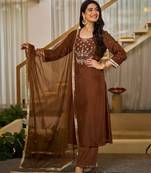 Coffee color vichitra silk fabric designer embroidery work ethnic ceremonial suit