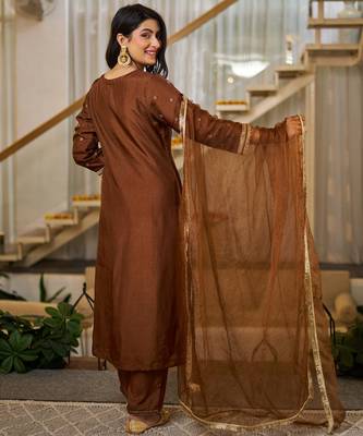 Coffee color vichitra silk embroidery ceremonial suit 2