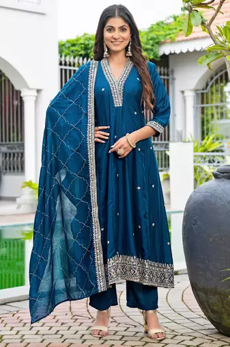 Teal blue color vichitra silk fabric designer embroidery work ethnic ceremonial suit