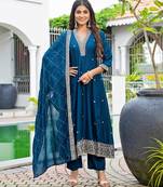 Teal blue color vichitra silk fabric designer embroidery work ethnic ceremonial suit
