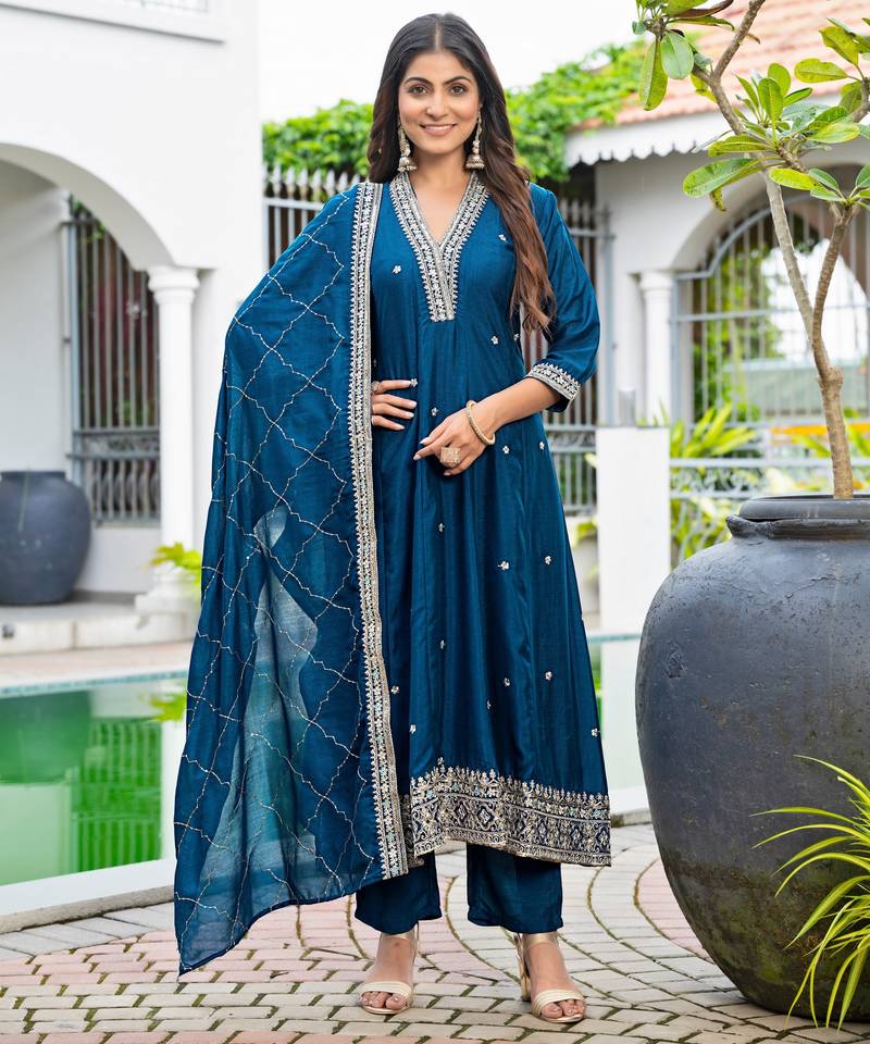 Teal blue color vichitra silk fabric designer embroidery work ethnic ceremonial suit