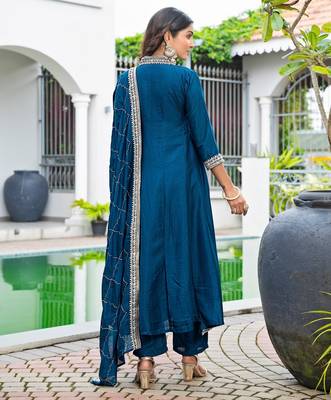 Teal blue color vichitra silk embroidery ceremonial suit 2