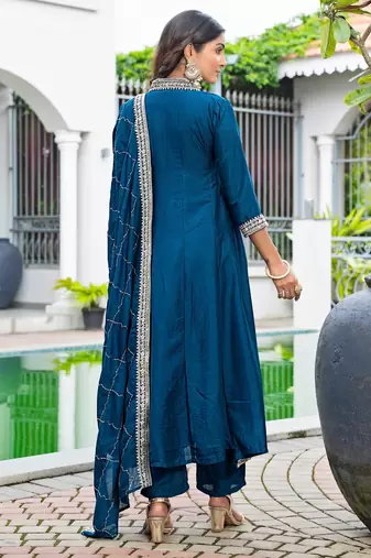 Teal blue color vichitra silk embroidery ceremonial suit