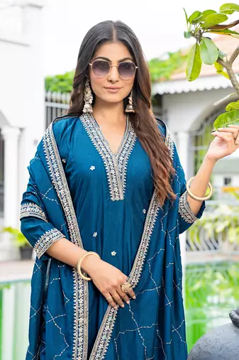 Teal blue color vichitra silk embroidery ceremonial suit
