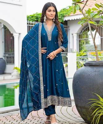 Teal blue color vichitra silk embroidery ceremonial suit 4