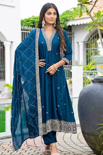 Teal blue color vichitra silk embroidery ceremonial suit