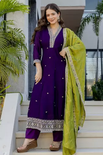Purple color vichitra silk fabric designer embroidery work ethnic ceremonial suit