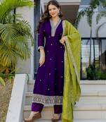 Purple color vichitra silk fabric designer embroidery work ethnic ceremonial suit