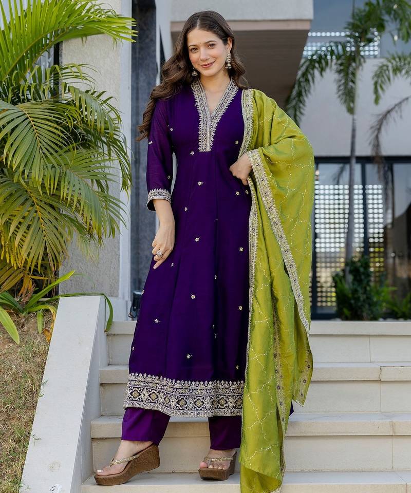 Purple color vichitra silk fabric designer embroidery work ethnic ceremonial suit
